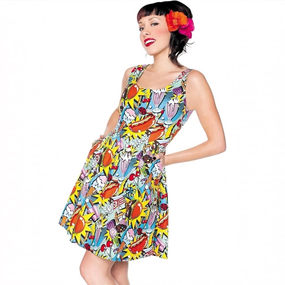 ModCloth Folter Dress Snack Attack Pop Comic Art Funky w/‎ Pockets NWT Small